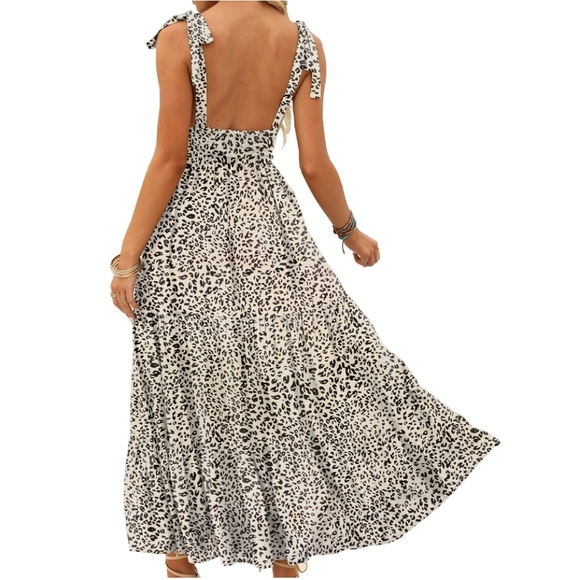 🖤 Women's Tiered Sleeveless Black/White Leopard Print Maxi Dress, Size Small - Picture 2 of 10